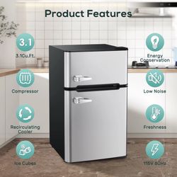 Mini fridge with freezer, 3.2 cu . Compact mini refrigerator with double 2 doors, adjustable temperature