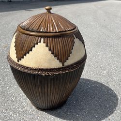 20” Unique Hand-Woven Rattan Faux Bamboo Decorative Urn/Jar with Lid!
