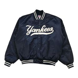 Vintage Majestic New York Yankees Satin Bomber Jacket 2XL XXL Script Logo Jeter