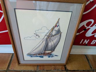 Vintage 1978 hand embroidered sail boat scene, retro wall hanging, wall art picture, nautical decor