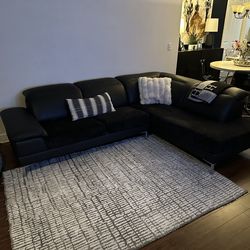 Modern Black Italian Leather Sectional Sofa with Chaise & Adjustable Headrests