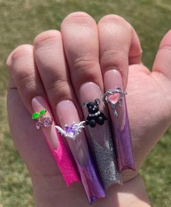 3XL square press on nails French tip pink purple chrome
