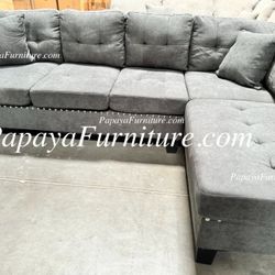 New Sectional Couch and Chaise Set Grey Fabric Nailhead Trim Sofa BIG SALE Seccional Furniture Warehouse Discount Clearance Closeout Gray