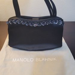 Vintage Manolo Blahnik Mini Tote Bag with Coin Case, Satin Fabric, Black