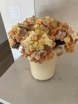 Faux Hydrangea Arrangement in Ceramic Pitcher