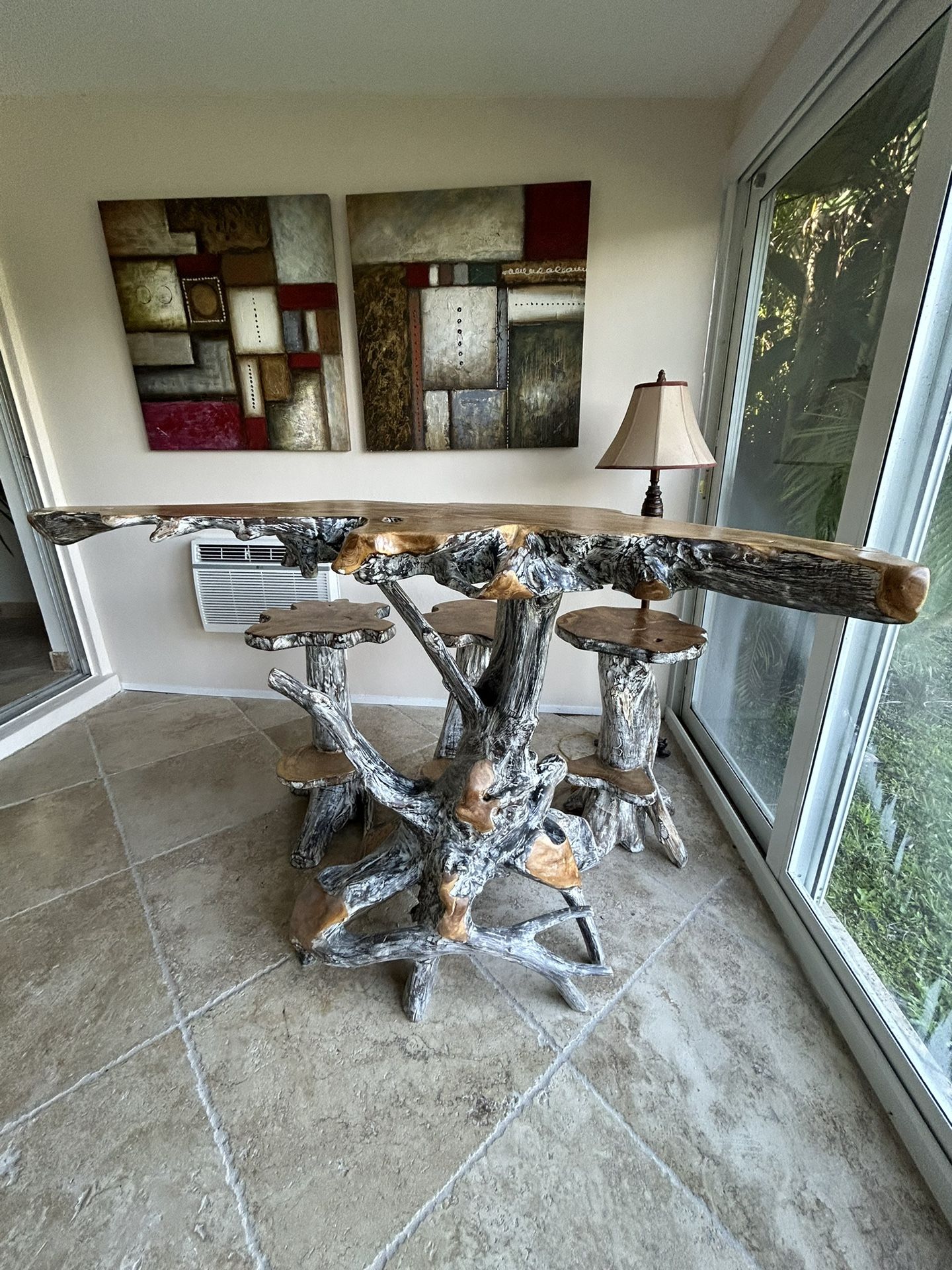 Tree Trunk Wood Bar With Three Stools - Indonesia