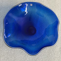 Handmade Blenko Glass Company Bowl With Ruffled Scalloped Edges In Cobalt Blue 17” X 7”