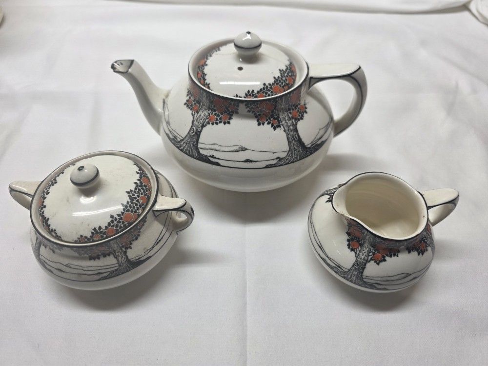 Vintage Crown Ducal Ware Orange Tree Teapot, Sugar Bowl, & Milk Jug