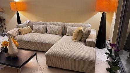 Oversized L-Shaped Sectional Sofa – Cream Corduroy – Like New