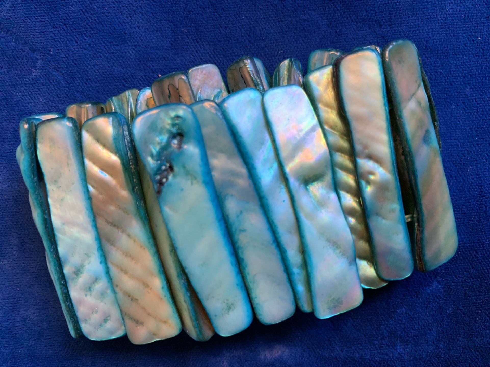 Wide Sea Shell Blue Boho Art Cuff Stretch Bracelet
