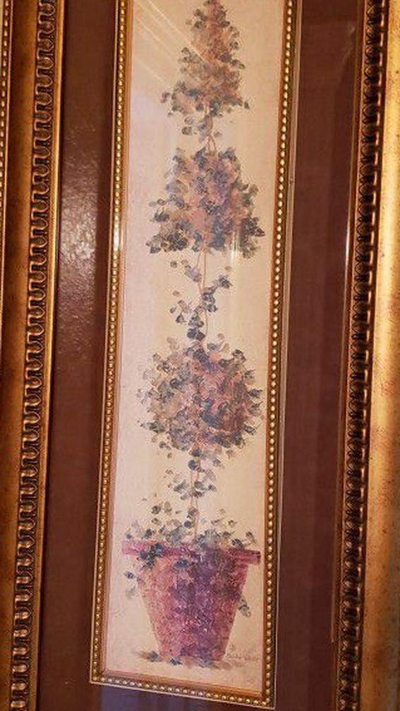 Set Of Topiary Paintings With Glass And Gold Frames