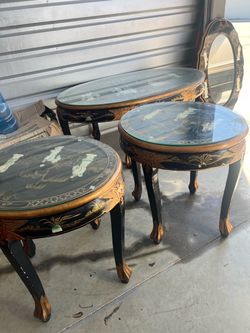 Antique black lacquer Asian glass top table set. 3 pc