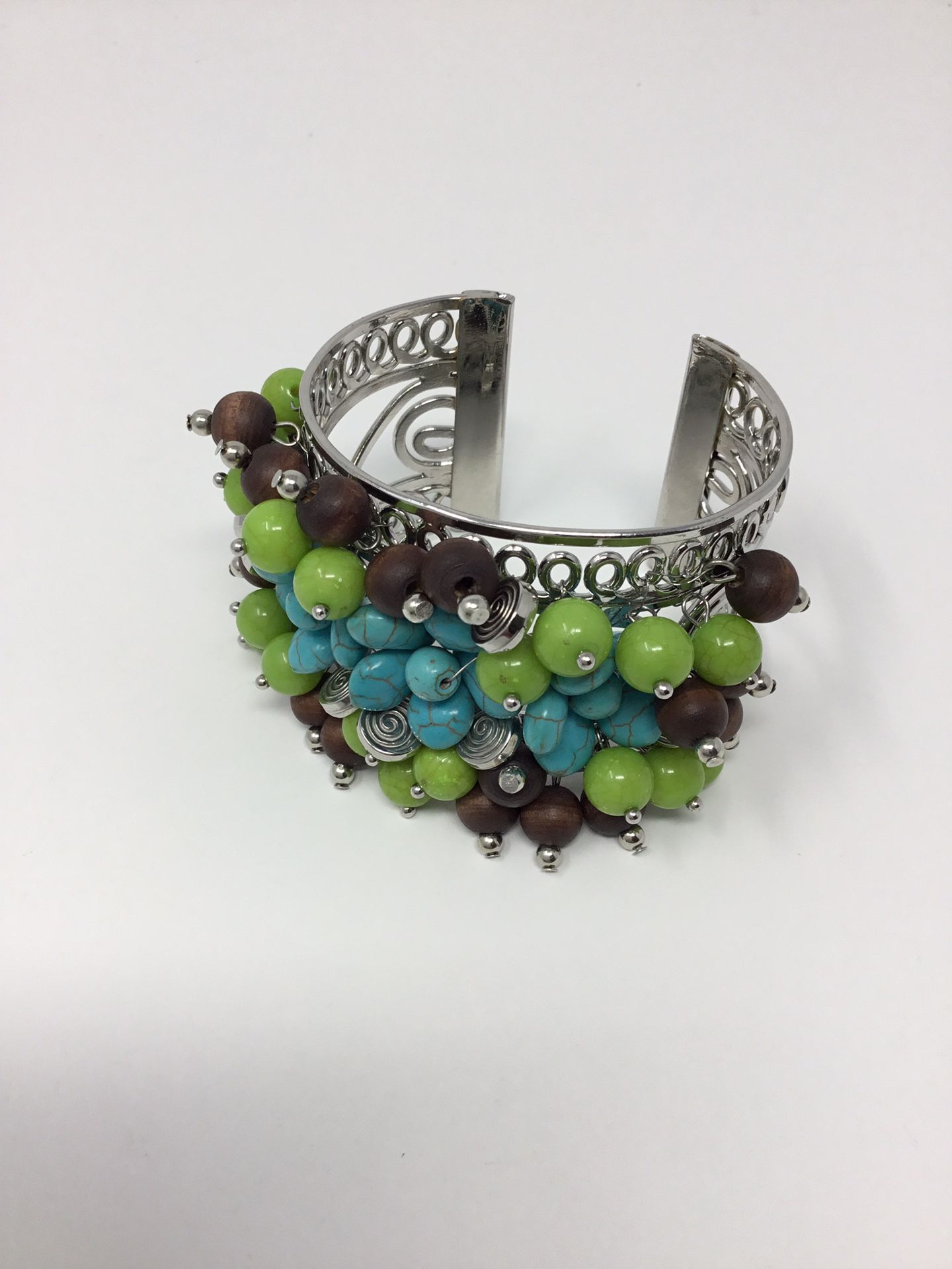 Silver Tone Wide Cuff Bracelet With Faux Turquoise Green Brown & Silver Beads