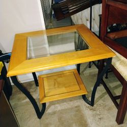 Glass on wood end table/coffee table