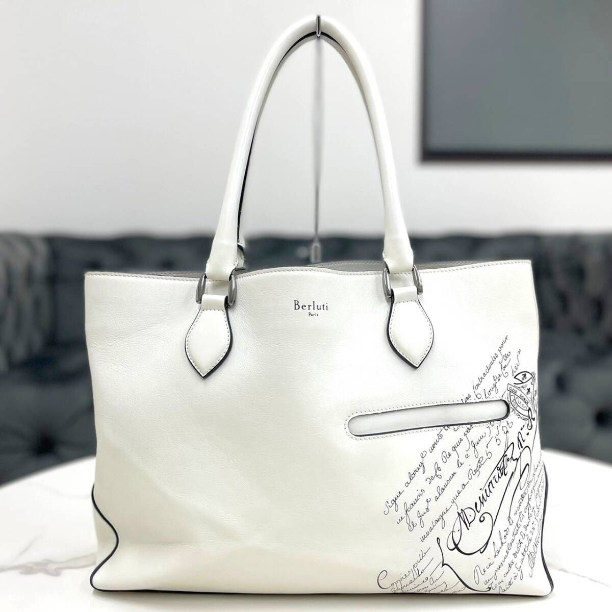 Berluti calligraphy toujours leather white tote bag