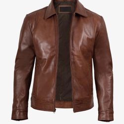 Mens Harrington Leather Jacket, Cognac Casual Zip-Up Look