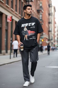 BestLucky black oversized unisex t-shirt featuring a Japanese streetwear-inspired graphic