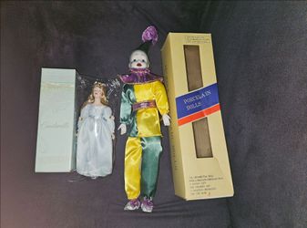 New Porcelain Dolls: Mardi Gras Harlequin Jester and Avon’s Cinderella