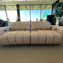 Light Pink Genuine Leather High End Power Reclining Sofa (Free Delivery!)