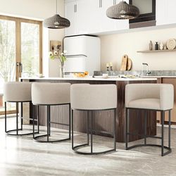 26" H Counter Height Bar Stools Set of 4, Modern Barrel Counter Stools with Backrest and Arms, Linen Fabric Upholstered Accent Barstools for Kitchen I