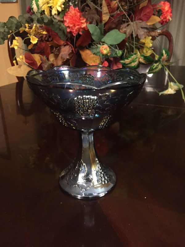 Beautiful 8x8 compote candy dish blue carnival glass antique vintage 14.00. 212 north Main Street. Buda