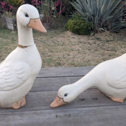 Vintage Pair Ceramic Duck Statues – 15.5" Tall Farmhouse Decor White Goose Set *1 has damage*