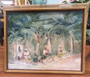 Mid-century 1971 Blackmore Tropical Oil Painting Bamboo Frame Signed Gates 21x17