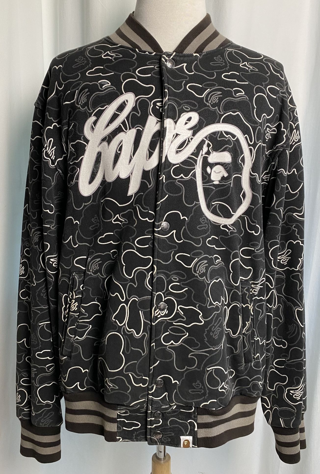 Vintage A Bathing Ape Bape Black Camo Varsity Bomber Jacket Men’s Size XL (Rare Collectors Item!)