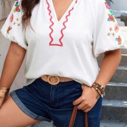 Floral Embroidered Ricrac Puff Sleeve Blouse, 4XL