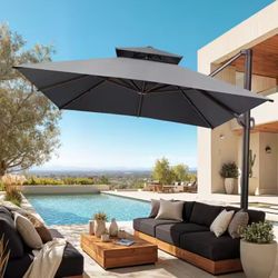 10 ft. x 13.5 ft. Double Top Oversized Aluminum Outdoor Umbrella 360° Rotation Offset Cantilever Patio Umbrella in Gray
