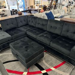 Black Sectional w/ Drop Down and Storage Ottoman 👍90 days FREE FINANCING ❗ 