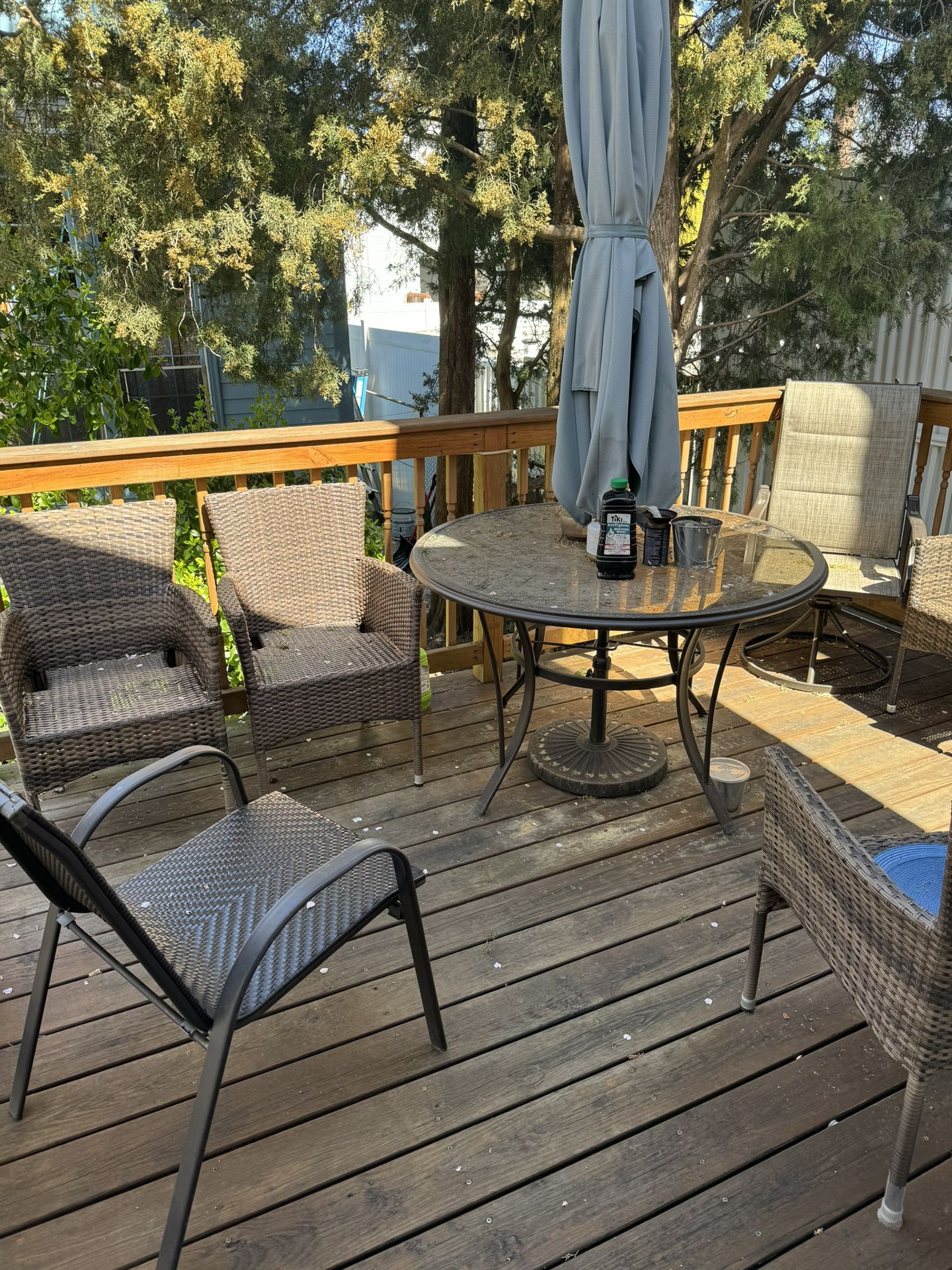 Patio Furniture, Table With Chairs And Red Cushions