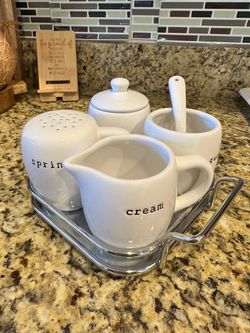 White Ceramic Coffee Condiment Set with Caddy