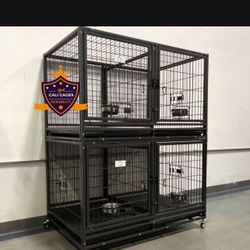 Double Stacked Dog Pet Cage Kennel Size 43” With Divider And Feeding Bowls New