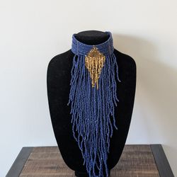 Extravagant Beaded Necklace - Blue & Gold