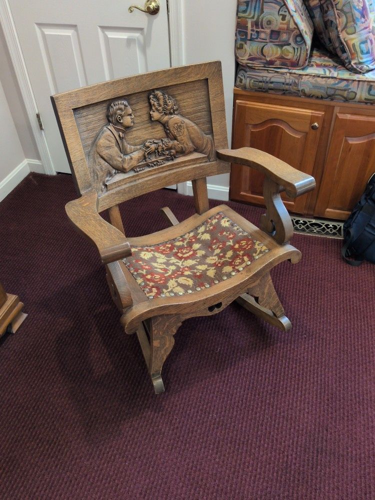 Wooden Rocker With Tapestry Seat