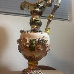 Vintage Ardalt Fiori Antico 5545 Italian Porcelain Ewer Vase 18” Hand Painted Floral