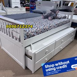 Twin/Twin White Trundle Beds w. Orthopedic Mattresses Included 