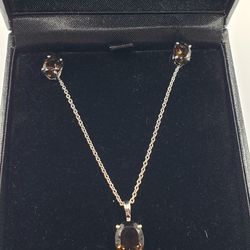 1.58 CT Smoky Quartz Sterling Silver Pendant 18" Chain & Earrings