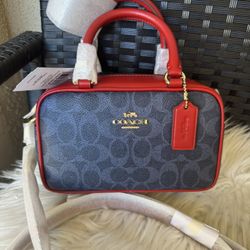 COACH CW197 Satchel Crossbody Bag In Signature Canvas Denim/Bold Red