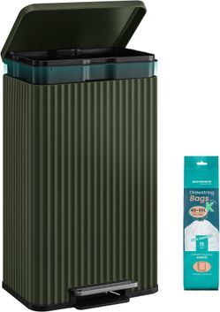 Trash Can, 13 Gallon (50 L) Garbage Can for Kitchen, with Lid, Pedal, and Removable Inner Bucket, Soft Close, Stainless Steel, 15 Trash Bags (Code K) 
