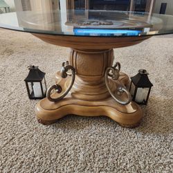 Round Wood Coffee, and End Tables W/Glass Tops.