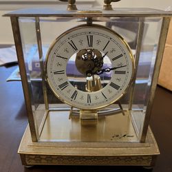 Rare Kieninger & Obergfell Electronic Brass Glass Mantel Clock Western Germany rare white enamel dia