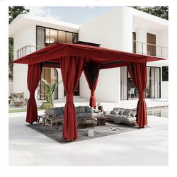  10'×10' Outdoor Gazebo for Patio, Heavy Duty Party Tent with Double Roofs, Outdoor Canopy with Curtains and Nettings for Deck, Lawn and Backya