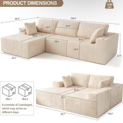 Large L-Shaped Sectional Sofa - Modular Corduroy Couch with Extra Wide Chaise & 1200 lbs Capacity - Cream/Beige