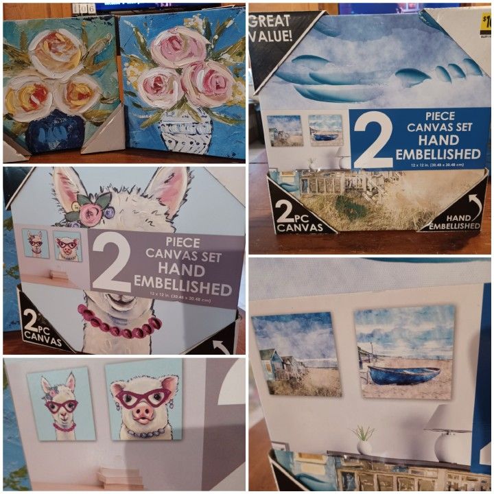 New 2pc Canvas Painting wall art. Llama, Piggy, Flowers, Beach. "12 x 12"  New in box. $5 each set