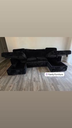 NEW Corduroy Black sectional with pullout bed