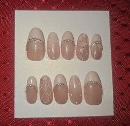 Press-On Nails | Long Oval | Beige Cateye w/ Pale Pink Accents & Pearls (#9)
