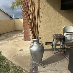 Large Decorative Metal Floor Vase + Natural Bamboo Sticks