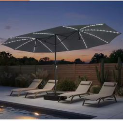 15 ft. x 9 ft. Market Patio Umbrella with Solar Lights and Base Rectangular Tiltable Outdoor Table Umbrella in Dark Gray